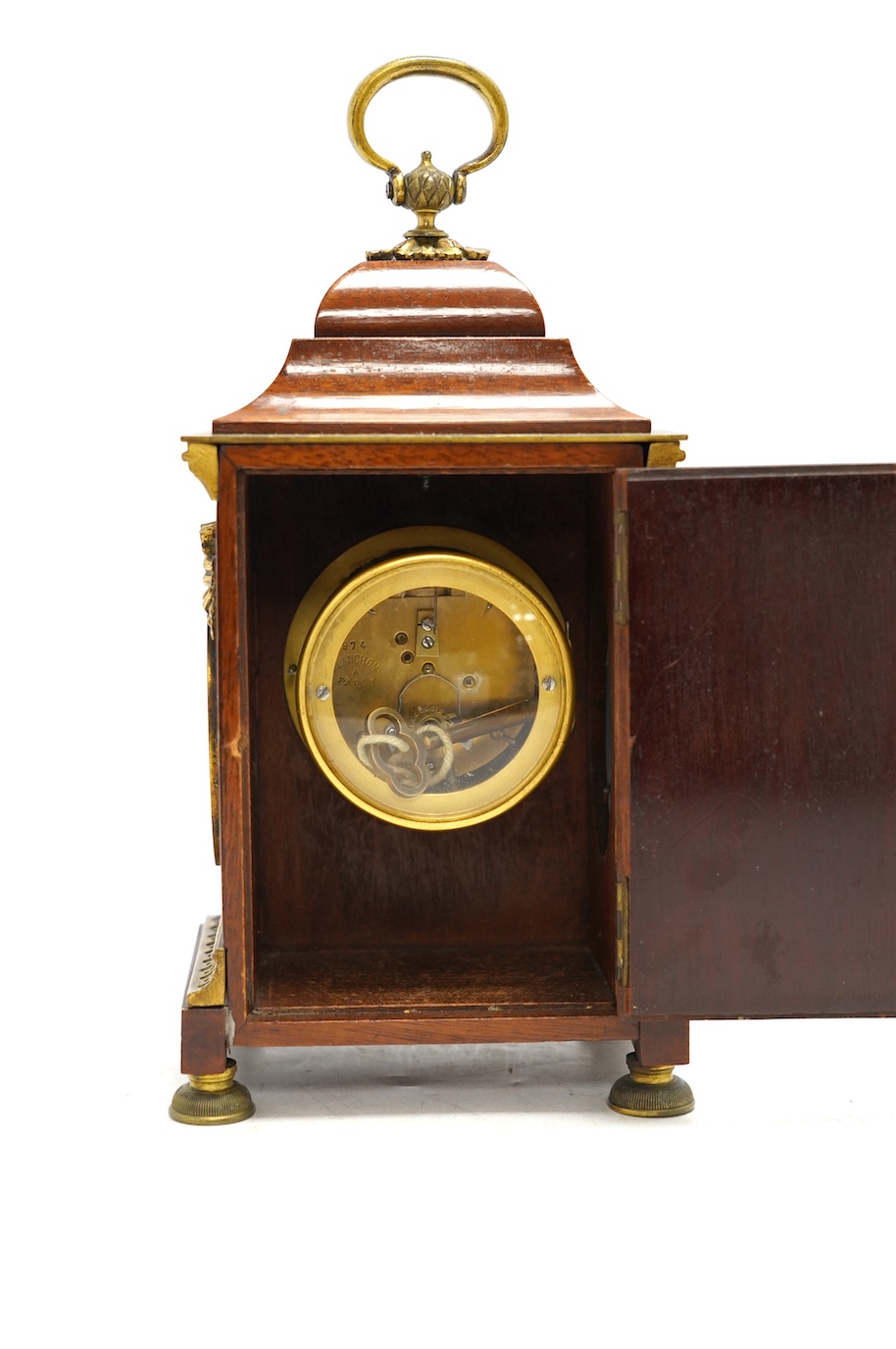 A 19th century French ormolu mounted, mahogany and box wood inlaid timepiece, by Planchon of Paris, with Wedgwood style plaques inlaid to sides, key included, 23cm. Condition - fair to good, not tested as working